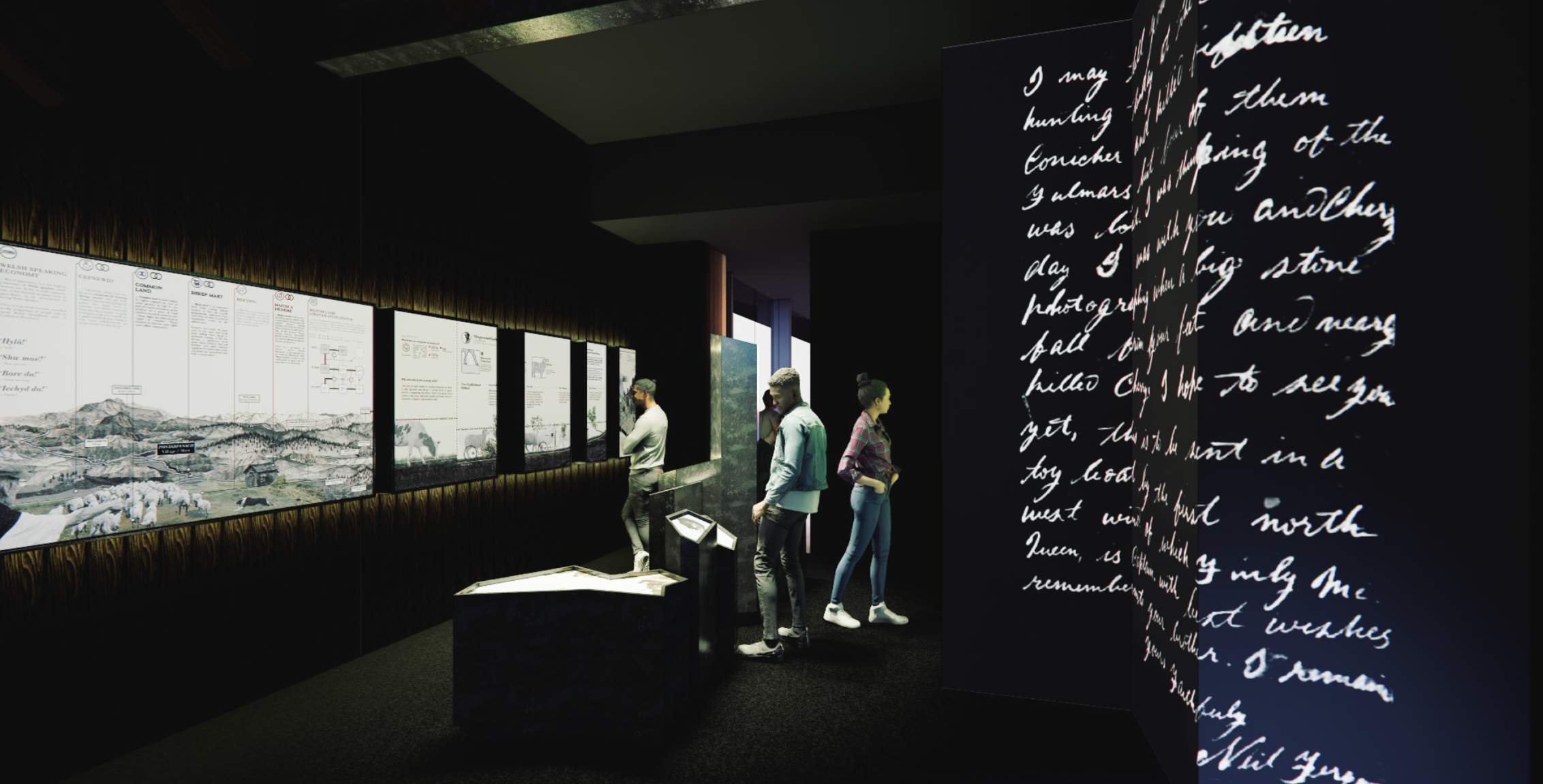 Museum exhibit with illuminated display panels and visitors observing the displays; a dark room with some text on the right side.