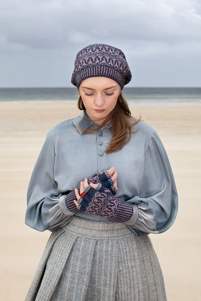 The Hirta Hat Set design by Alice Starmore for Virtual Yarns. Hebridean Sky shirt fabric designed and made by Jade Starmore, Harris Tweed skirt (Adabrock Tweed) and cotton underskirt designed and made by Jade Starmore. Boots designed and made by Deni