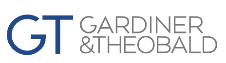 Logo of Gardiner & Theobald, featuring the initials 'GT' in blue and the company name in gray