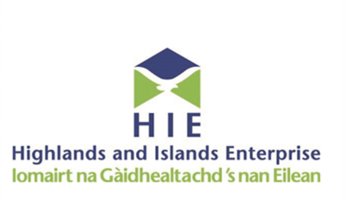 Logo for Highlands and Islands Enterprise with Scottish Gaelic and English text and a stylized graphic of a house and a bird.