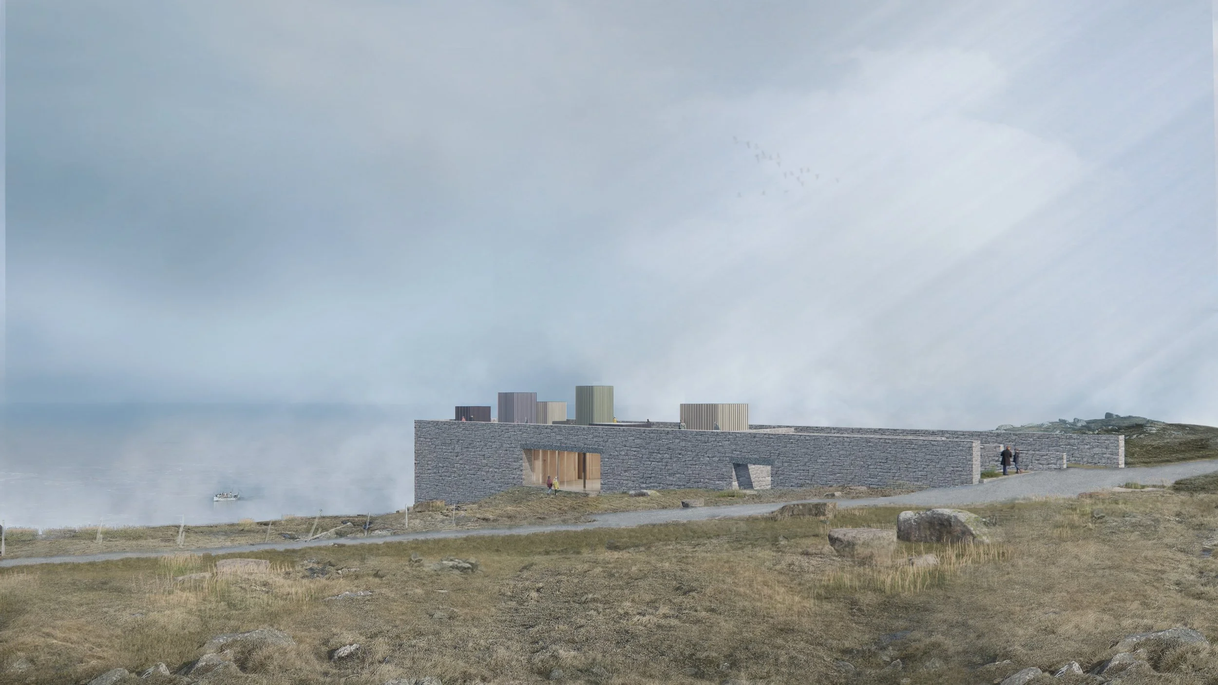 A modern building with a stone facade and cylindrical structures on top, situated on a grassy landscape with a few people walking along a trail and a boat in the distance on the ocean under a cloudy sky.