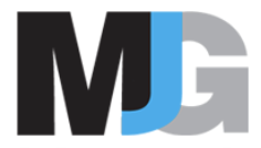 Logo with the letters 'M', 'J', and 'G' in black, blue, and gray colors.