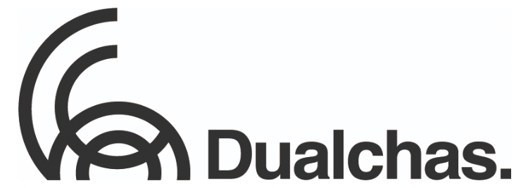 Logo for Dualchas featuring stylized black circular lines and the word 'Dualchas' in black text.