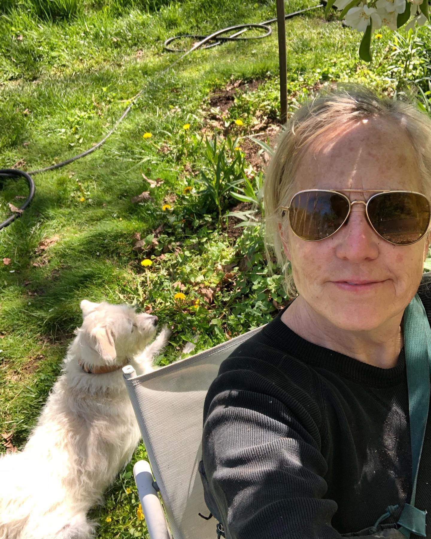 me and louie taking a garden break on this incredibly beautiful morning ☀️ me also noticing all the sun spots reappearing after a rigorous face routine all winter 🤸🤸🤸🤸 I&rsquo;ve decided to age in the garden ☀️☀️☀️
