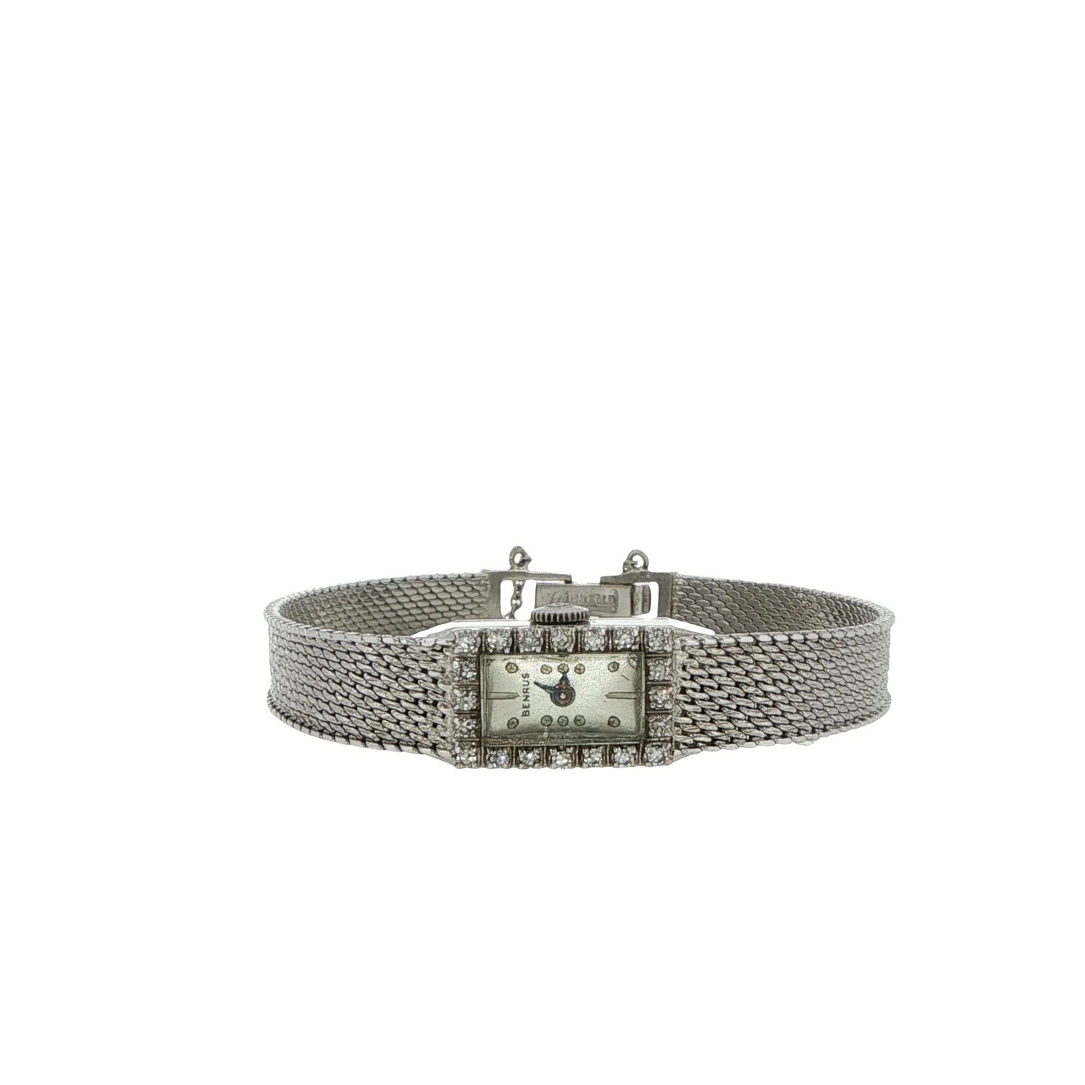 14K White Gold Vintage Benrus Ladies Wristwatch With Diamonds
