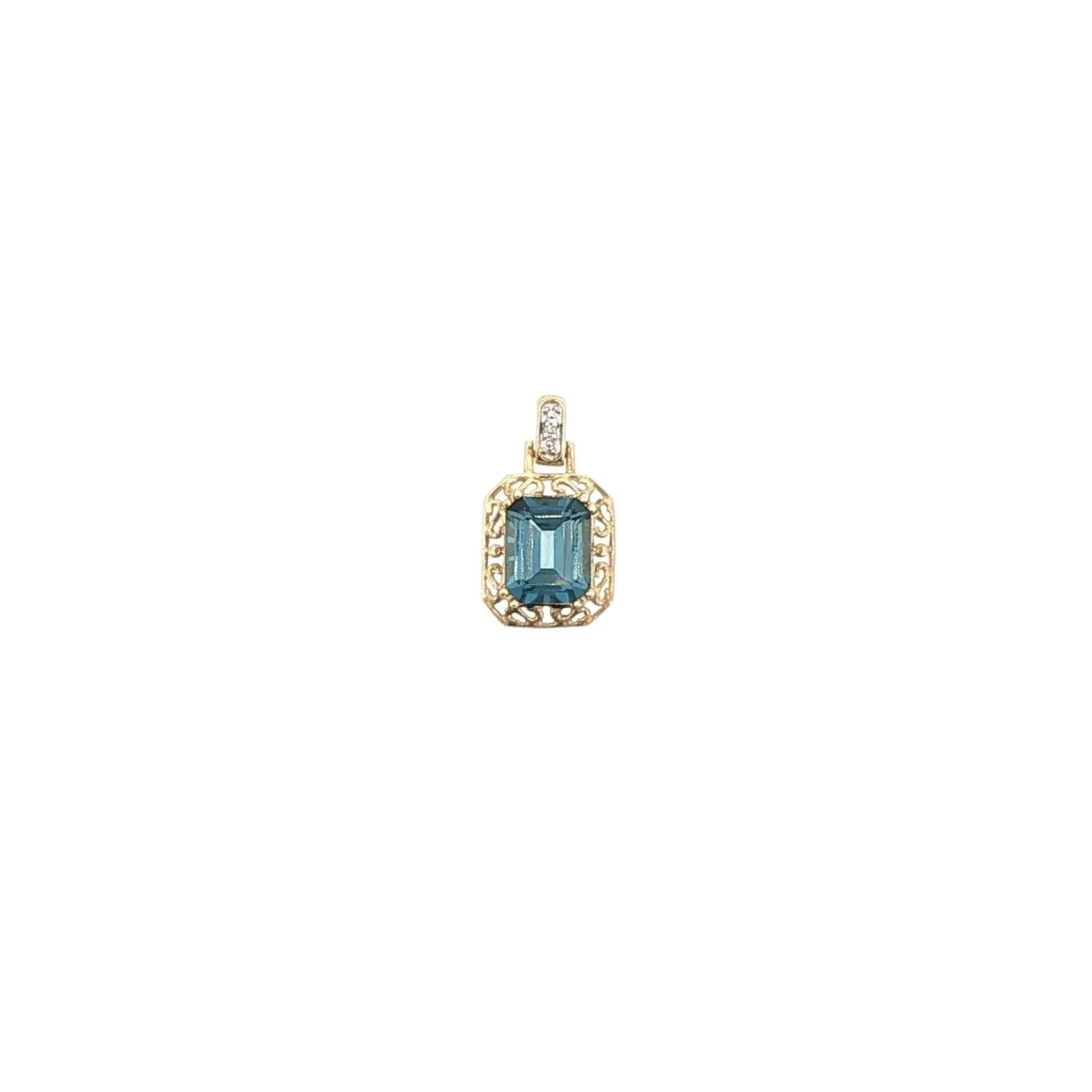10K Yellow Gold London Blue Topaz & Diamond Filigree Pendant