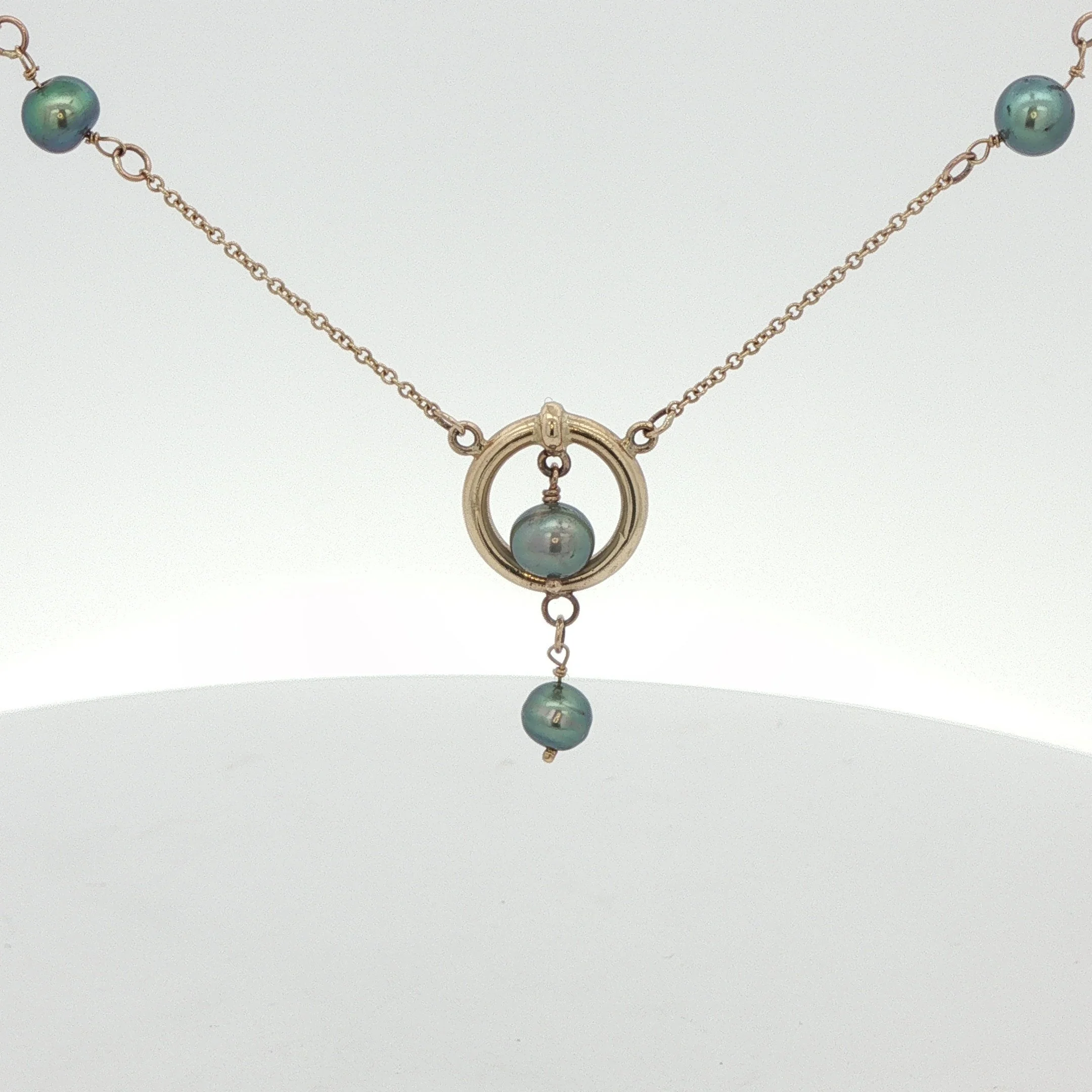 14K Yellow Gold Black Pearl Tin-Cup Necklace with Pearl Drop