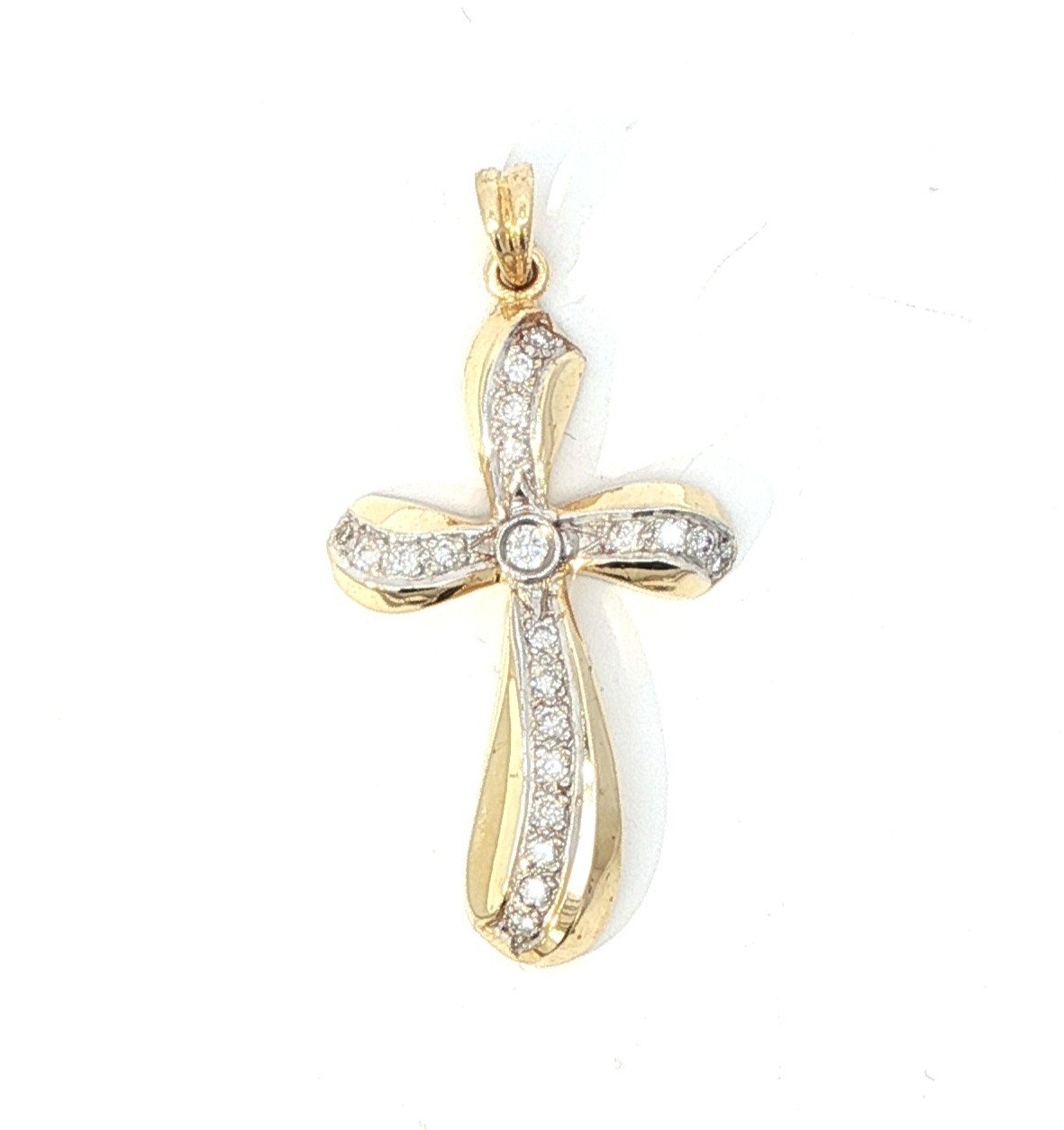 14k Yellow Gold Carved Diamond Cross