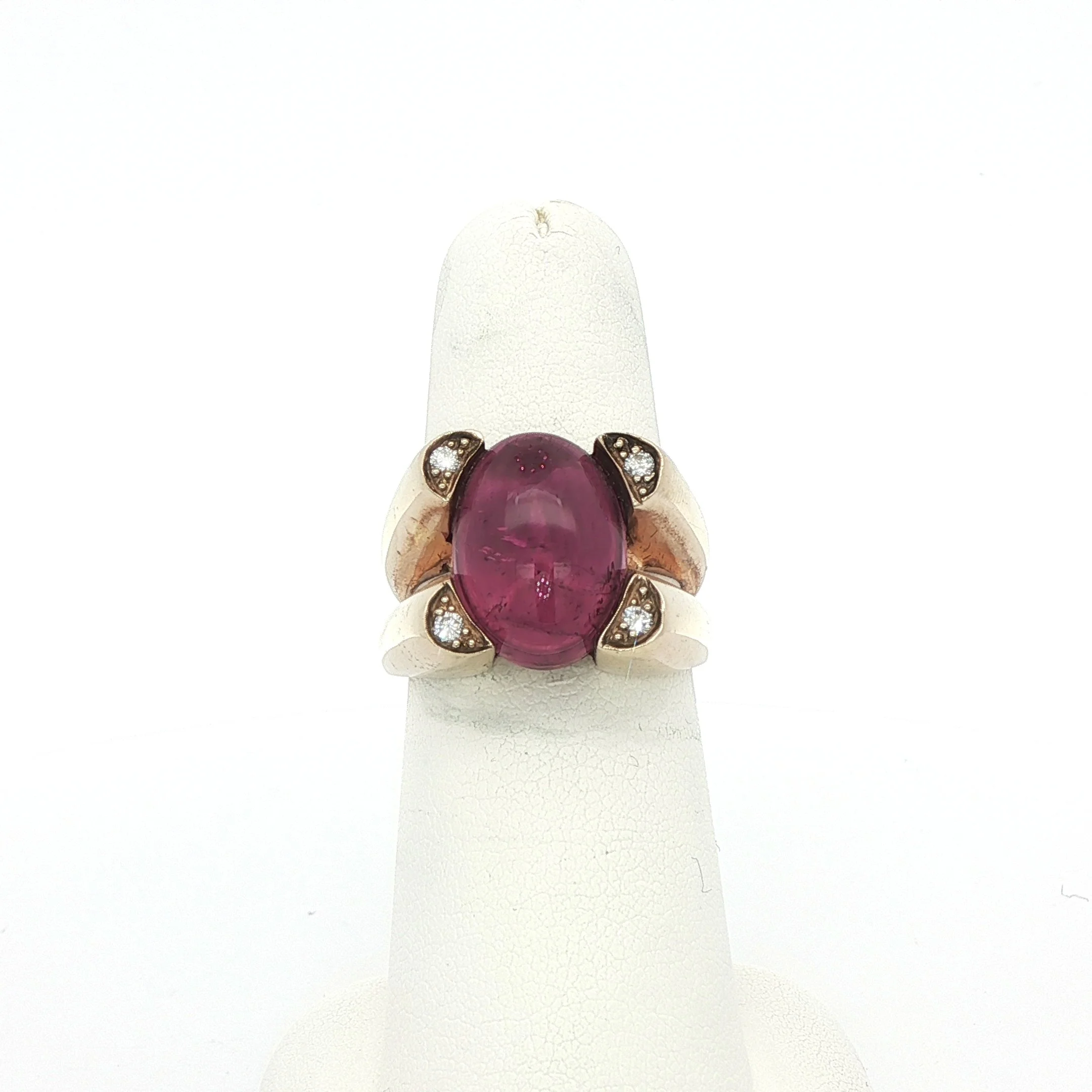 14k Cabochon Pink Tourmaline & Diamond Ring