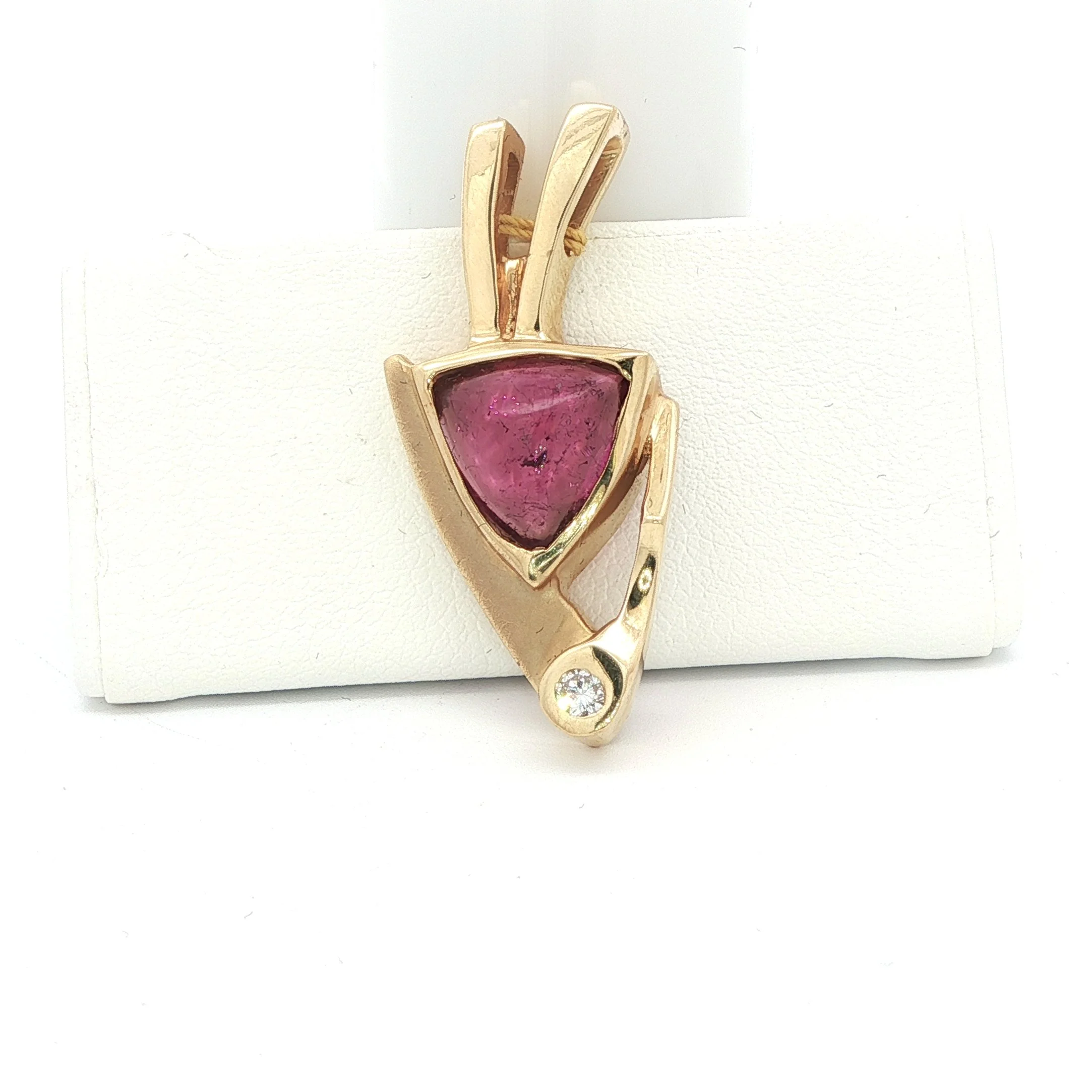 Custom One of A Kind 14k Yellow Gold Cabochon Pink Tourmaline & Diamond Pendant
