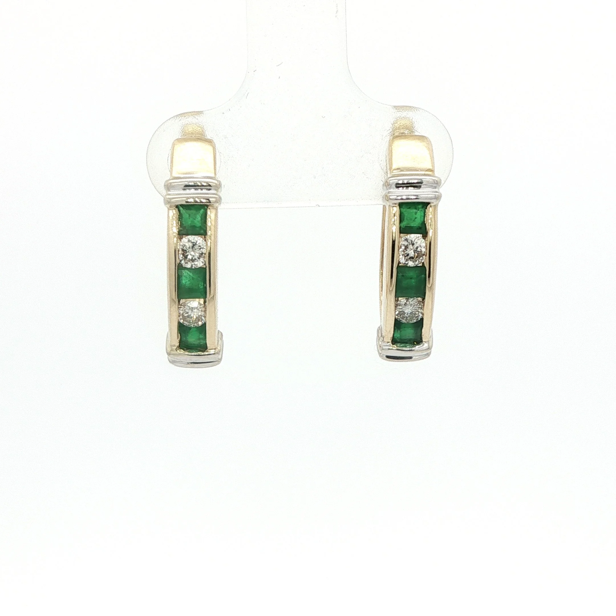 14k Two Tone Gold Diamond & Emerald Hoop Earrings