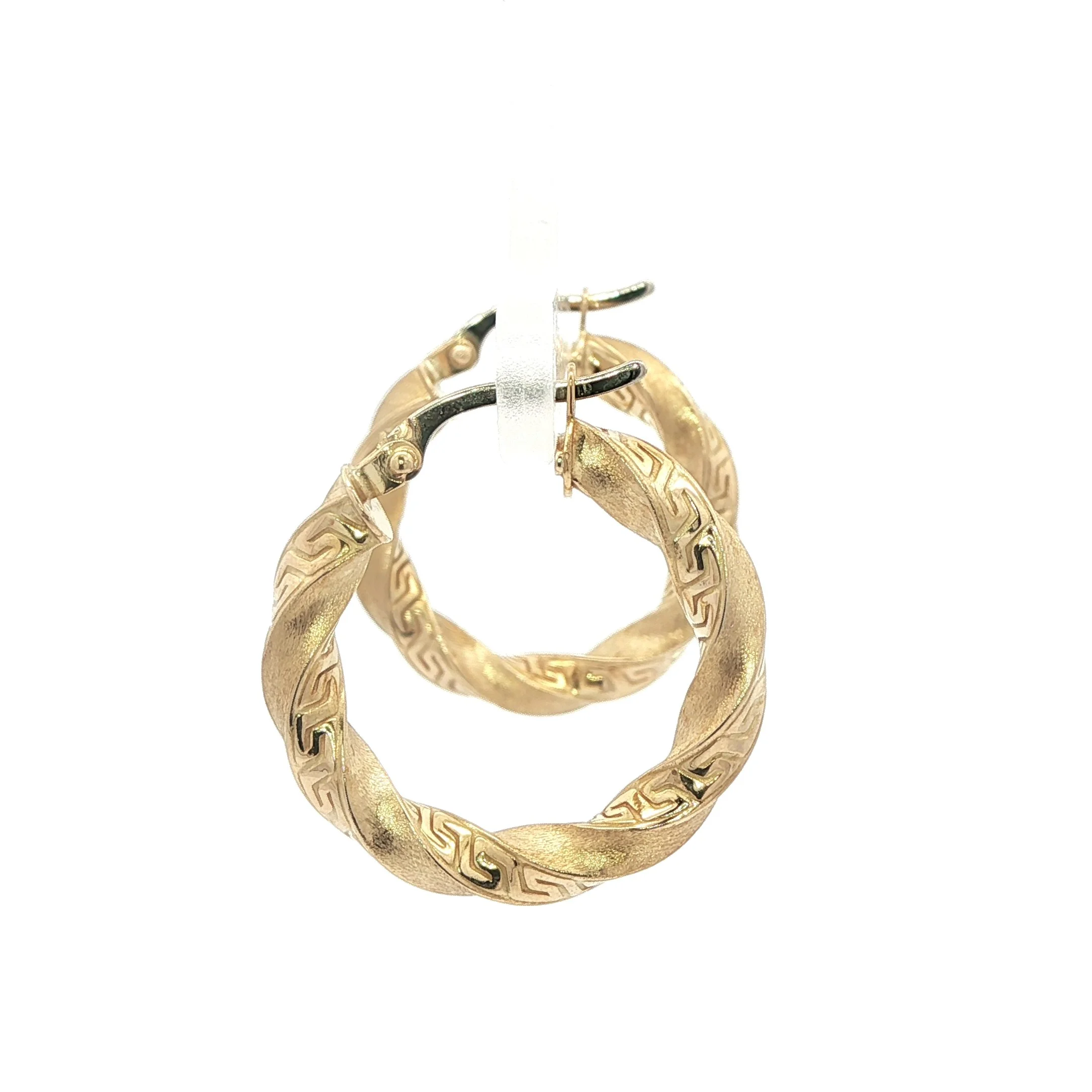 14k Yellow Gold Twisted Greek Key Design Hoop Earring