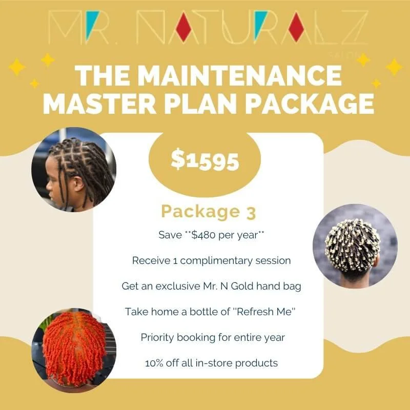 A promotional flyer for Mr. Natural's maintenance master plan package, featuring images of three different hairstyles, with pricing and benefits listed.