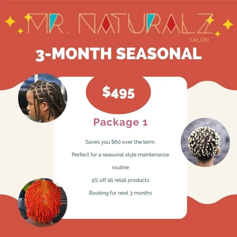 Promotional flyer for Mr. Natural Salon advertising a 3-month seasonal hair styling package priced at $495 with 5% off retail products, including images of women with various styled hair.