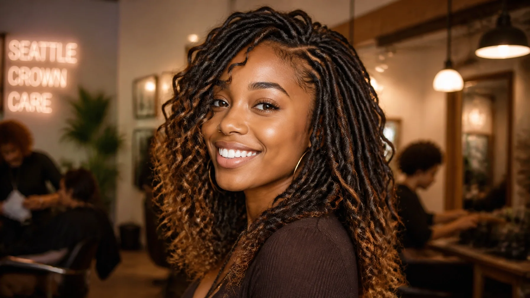 A smiling woman with long, textured boho locs and soft, cascading waves framing her face, posing inside Mr. Naturalz salon with a "Seattle Crown Care" neon sign in the background.