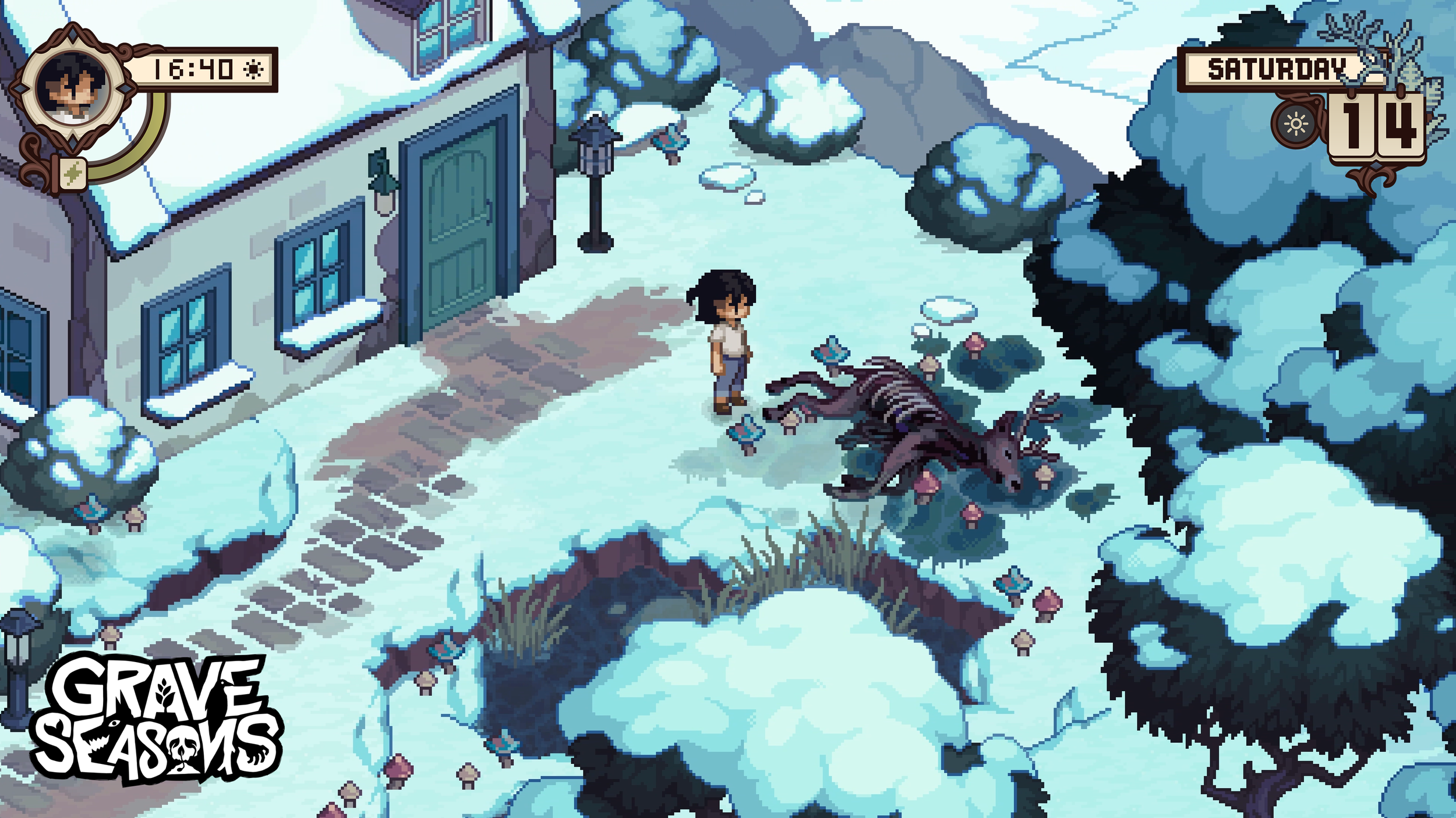 Personagem encontra o esqueleto de um cervo durante o inverno em Grave Seasons
