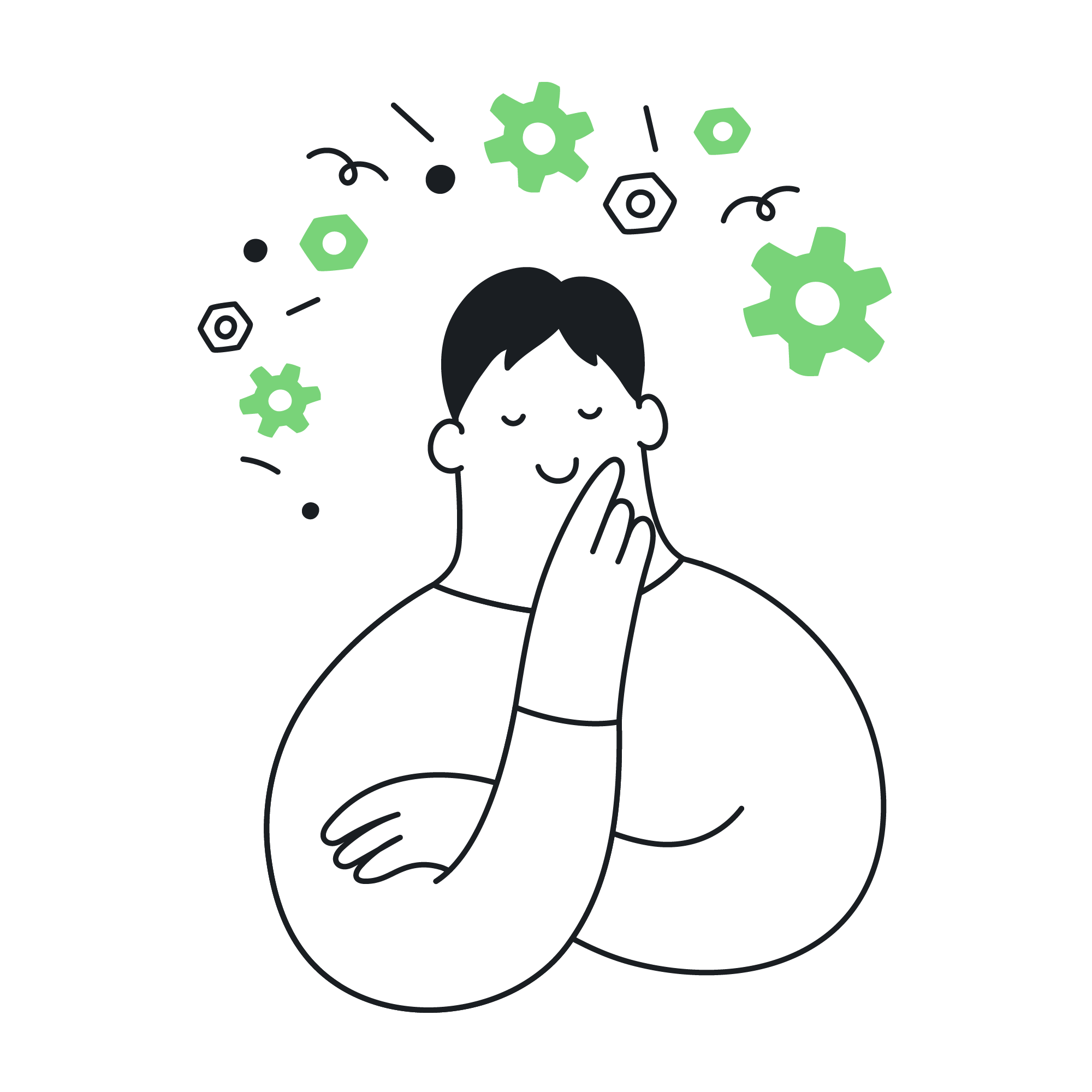 A cartoon illustration of a person with short black hair, smiling with eyes closed, holding their hand near their nose, surrounded by green and white gears and mechanical parts floating above their head on a black background.