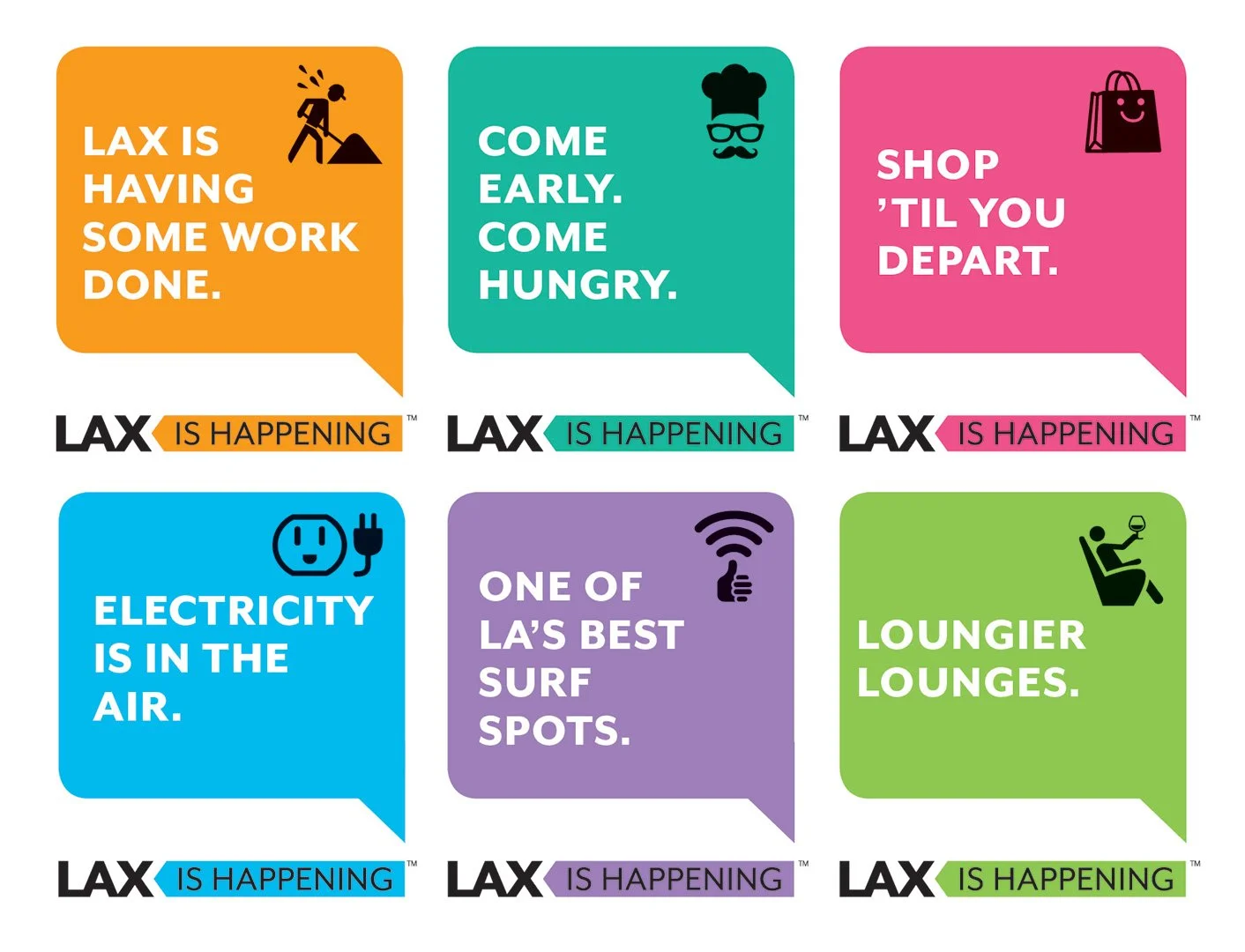 Six colorful speech bubbles with text about LAX events and amenities. Orange: "LAX is having some work done." Blue: "Electricity is in the air." Green: "Lounier lounges." Pink: "Shop 'til you depart." Teal: "Come early. Come hungry." Purple: "One of LA's best surf spots." Each bubble has a small icon representing the respective message.