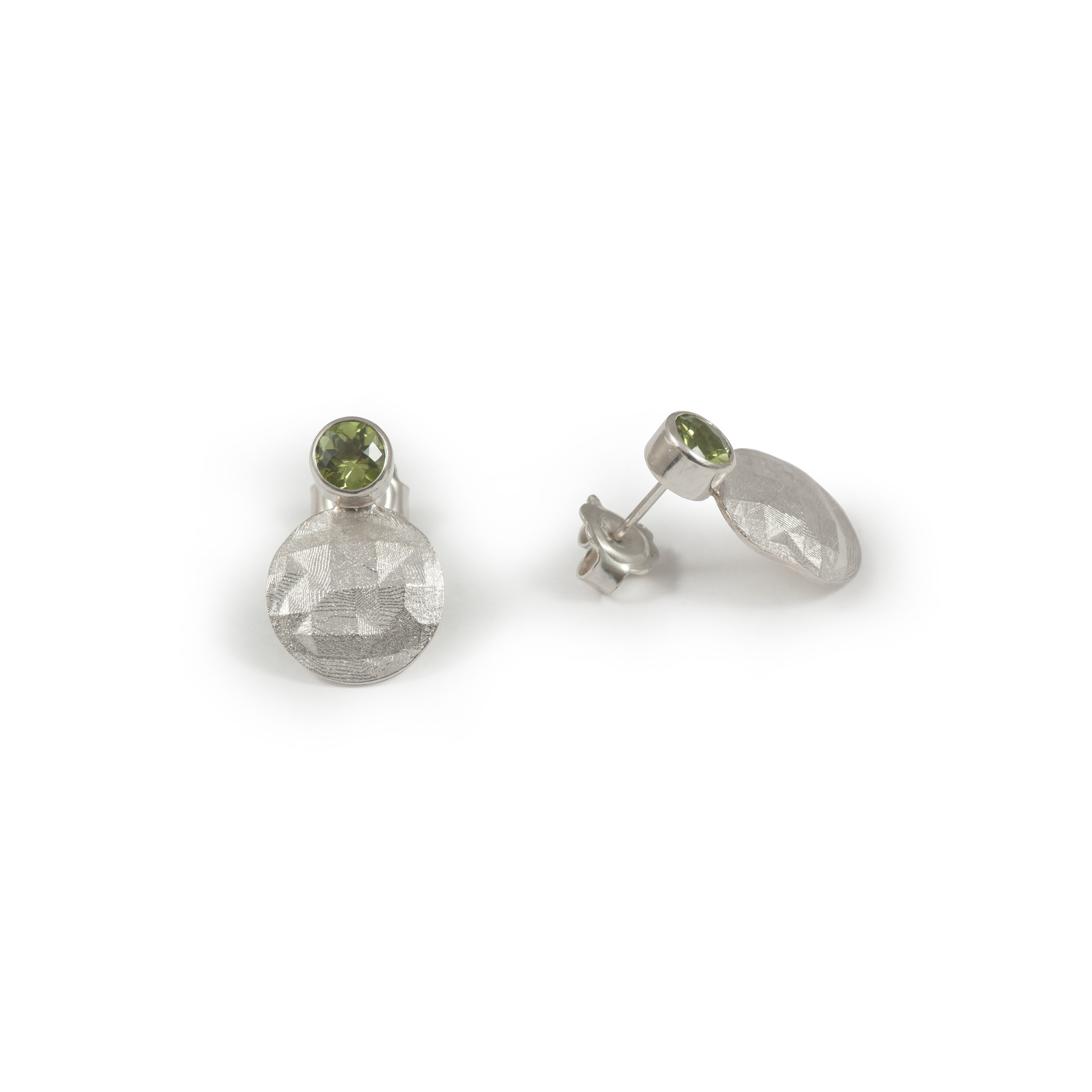 Faceted round earrings_30 strikes with Peridot_side angle.jpg