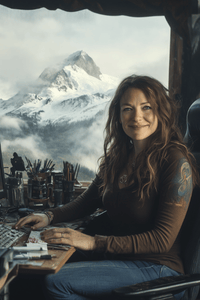 A small business owner with brown wavy hair sitting at a table with painting supplies, with mountains and clouds in the background.