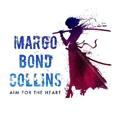 Text reading 'Margo Bond Columns' and 'Aim for the Heart' next to a silhouette of a woman with a bow and arrow, in purple and blue colors.
