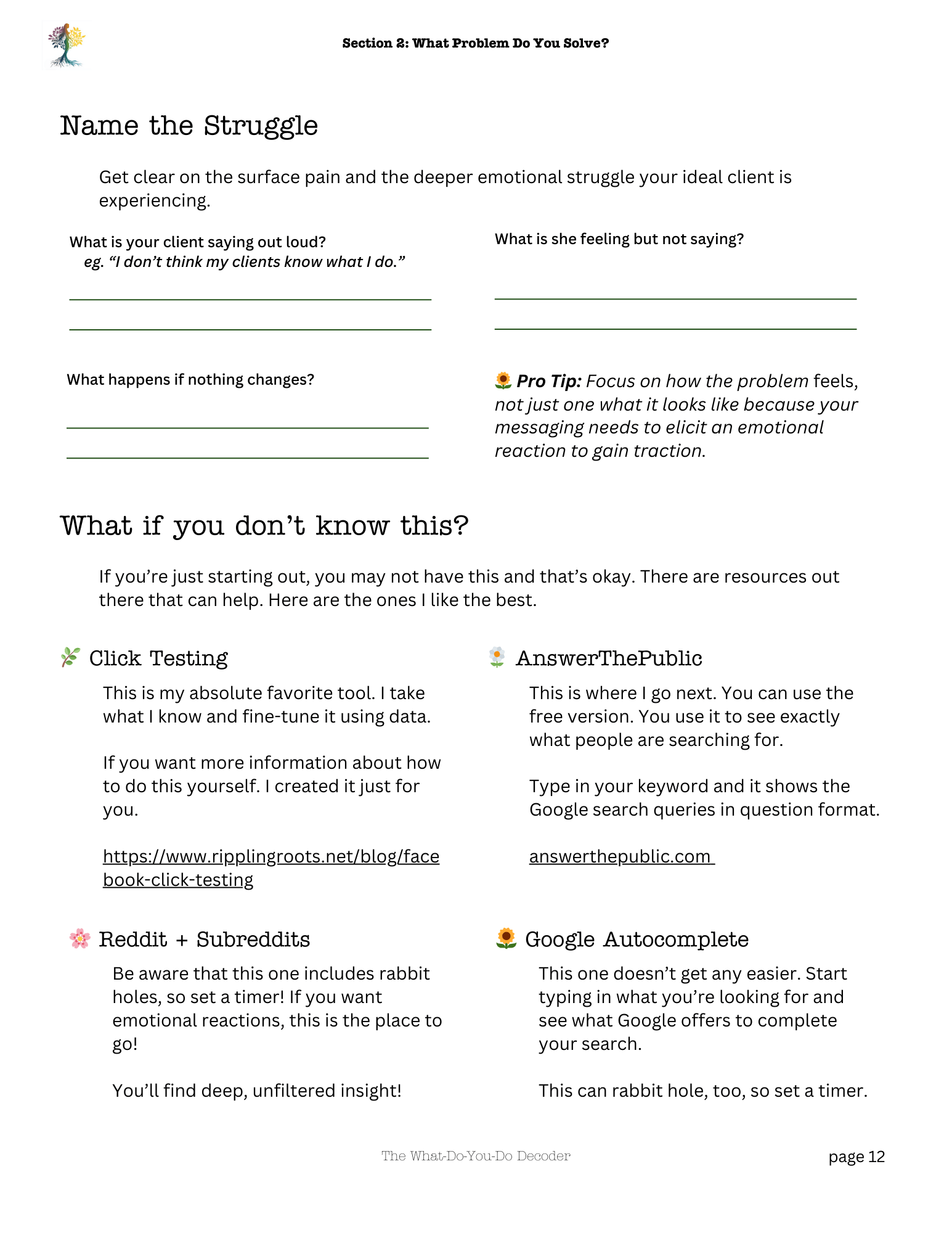 A worksheet titled 'Section 2: What Problem Do You Solve?' with prompts and tips for identifying client struggles, emotions, and resources, including sections on 'Name the Struggle,' 'What if you don’t know this,' and tools like Click Testing, Reddit & Subreddits, AnswerThePublic, and Google Autocomplete.