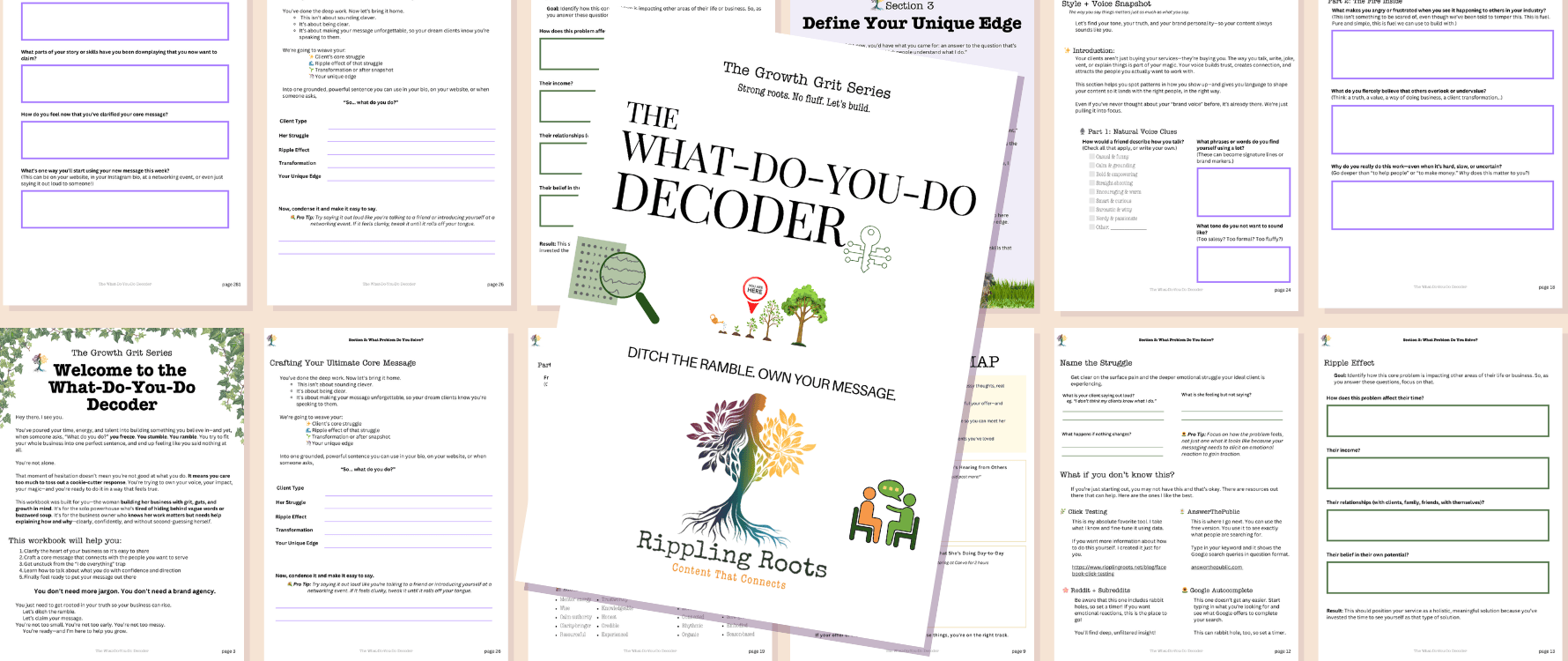 Cover page of 'The What-Do-You-Do Decoder,' a workbook featuring a large title, subtitle 'Ditch the Ramble. Own Your Message,' and colorful illustrations including a magnifying glass over a globe, a tree, and a gear. The background has illustrations of grass and trees.
