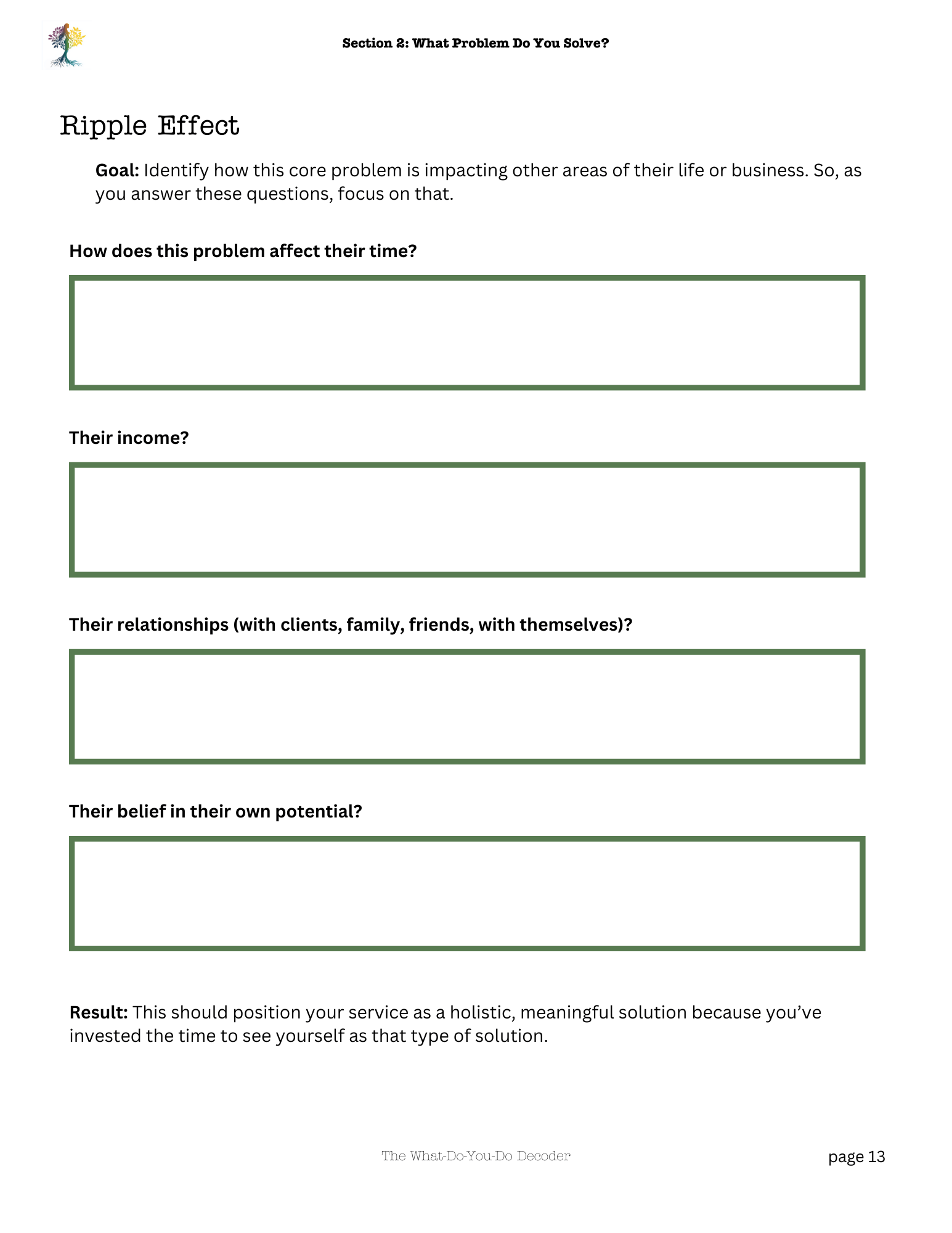 A worksheet titled "Section 2: What Problem Do You Solve?" with a focus on Ripple Effect and questions about impact on life, income, relationships, and self-belief, with blank spaces for answers.