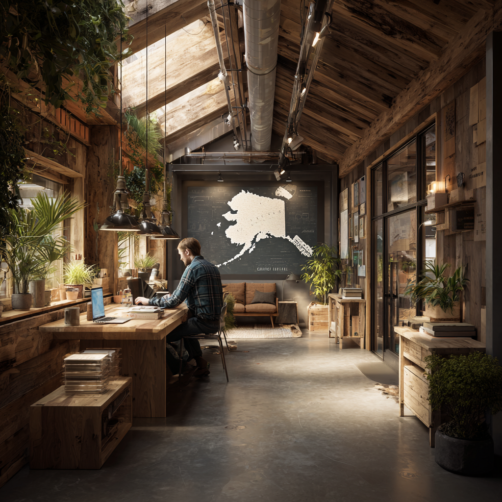 A small business owner working on a laptop in a cozy, rustic workspace with wooden walls and ceiling, numerous plants, a large chalkboard map of Maine, and ample natural light.