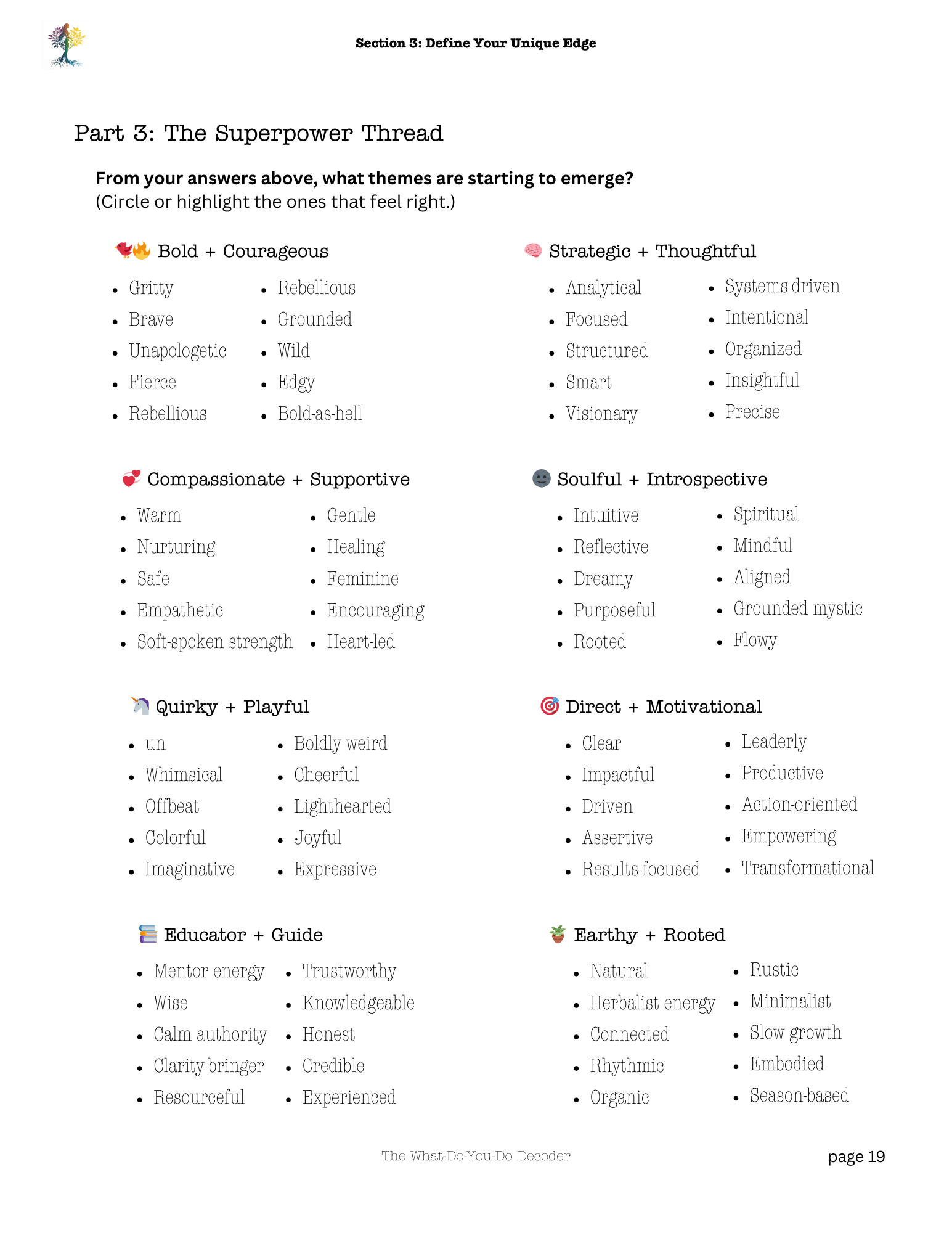 A page from a guide titled 'Section 3: Define Your Unique Edge', specifically 'Part 3: The Superpower Thread'. It lists themes emerging from answers, including Bold + Courageous, Strategic + Thoughtful, Compassionate + Supportive, Soulful + Introspective, Quirky + Playful, Direct + Motivational, Educator + Guide, and Earthy + Rooted, with descriptive words under each category.