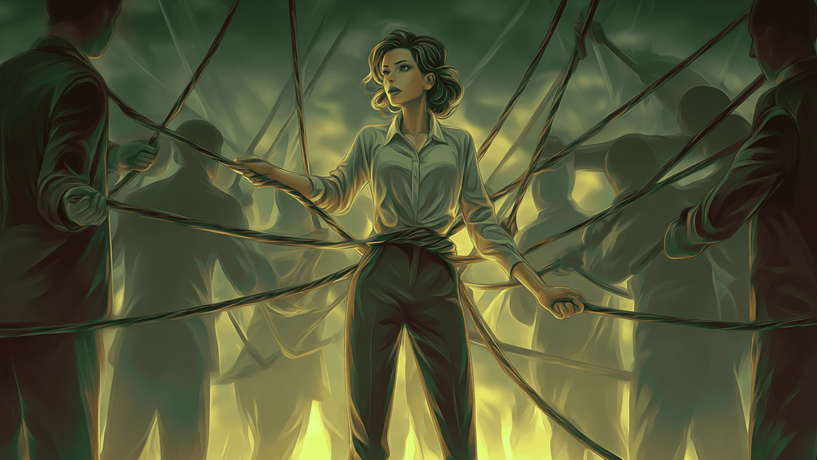 female business owner being pulled in multiple directions by ropes held by faceless silhouettes representing demanding clients. The woman looks exhausted but defiant.