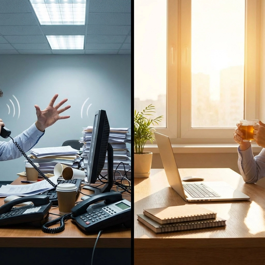 chaotic desk on left, organized desk on right