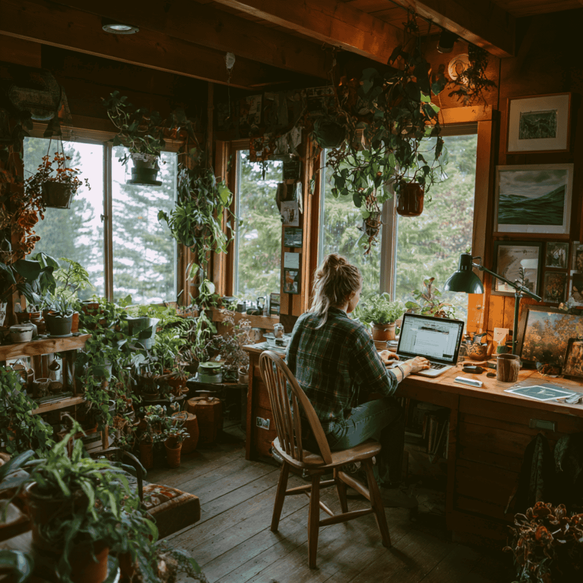 small business owner working at a wooden desk surrounded by numerous potted plants in a cozy, plant-filled room with large windows and outdoor greenery.