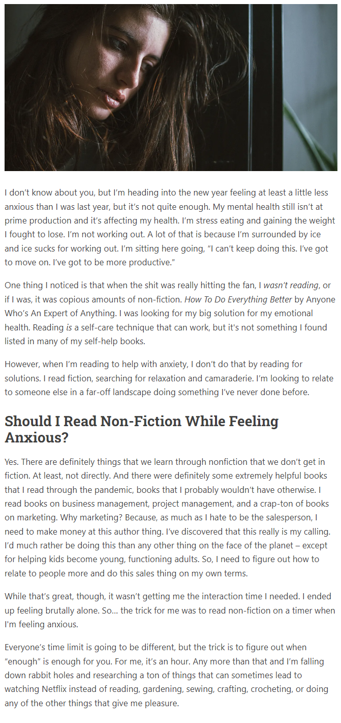 Screenshot of authority content blog post published on F.J. Blooding's Storyland showcasing her knowledge of anxiety and how choosing what to read can influence how the reader handles their anxiety.