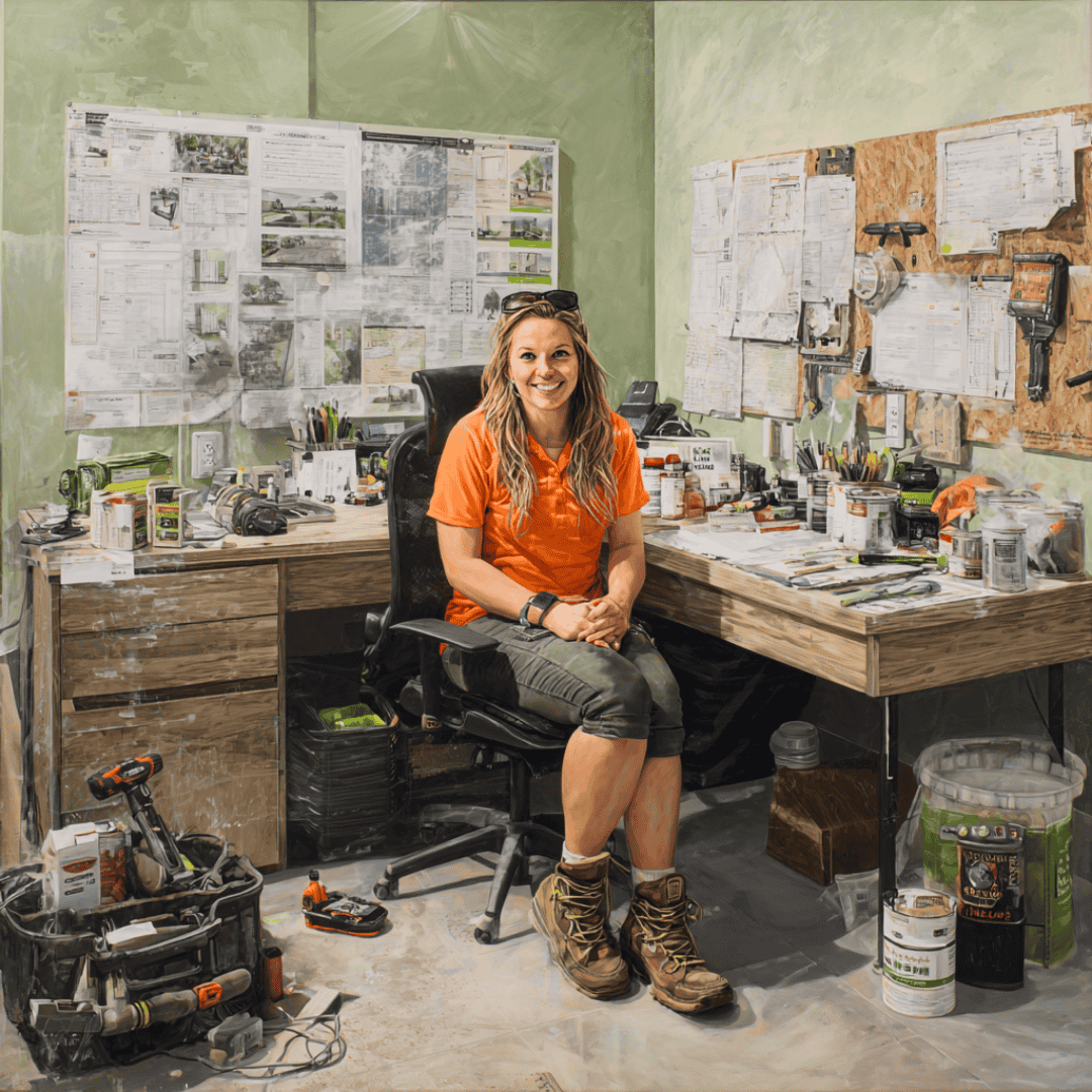female business owner sitting at her shop desk with a smile, drawings and plans pinned to the walls, her tools in a bag on the floor