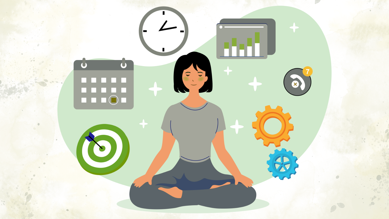 A woman sitting in a meditative pose with various icons around her, including a clock, calendar, charts, gears, and a target, representing relaxation, time management, and productivity.