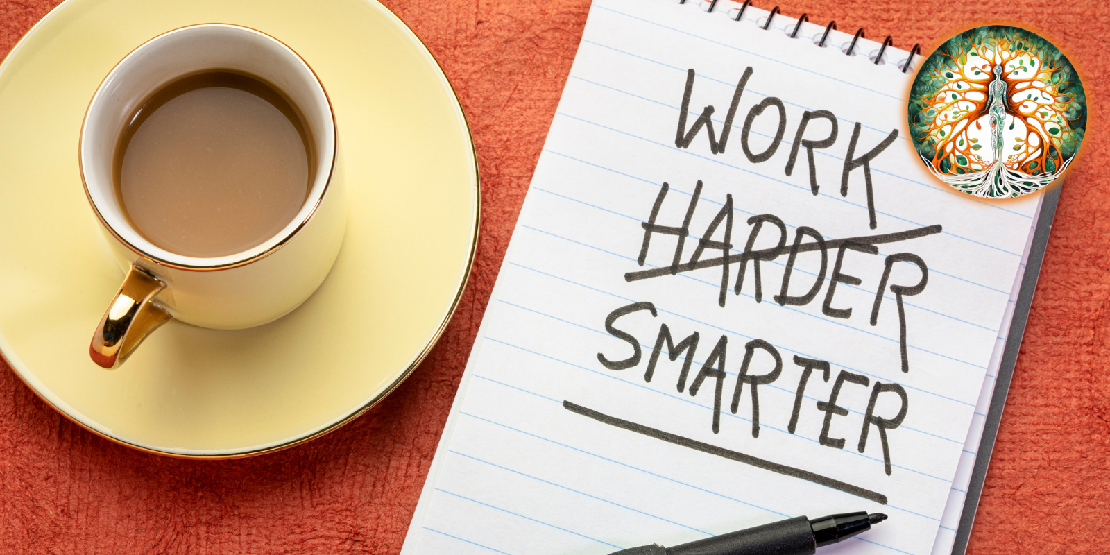 picture of a coffee cup and a note that says work smarter with the word harder crossed out. The Rippling Roots logo is in the top right corner