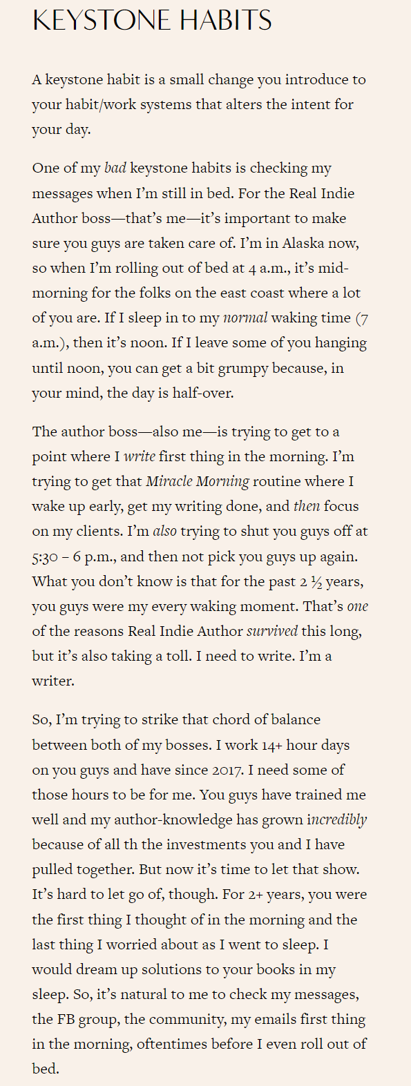 Blog post showcasing Rippling Roots and Real Indie Author admitting to her bad habits and how she's changing them in her example of affinity content marketing.