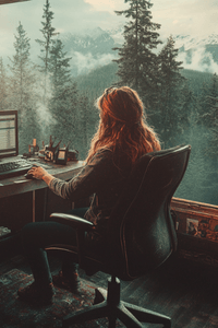 small business owner with red hair sitting at a desk with a computer, overlooking a forested landscape with mountains in the distance.