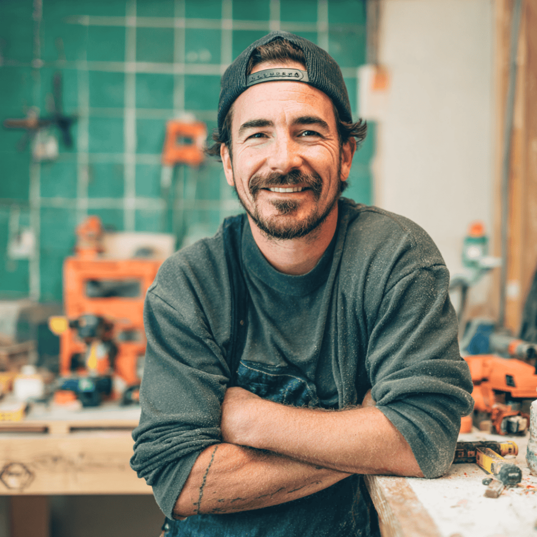 business owner smiling in his shop with tools behind him