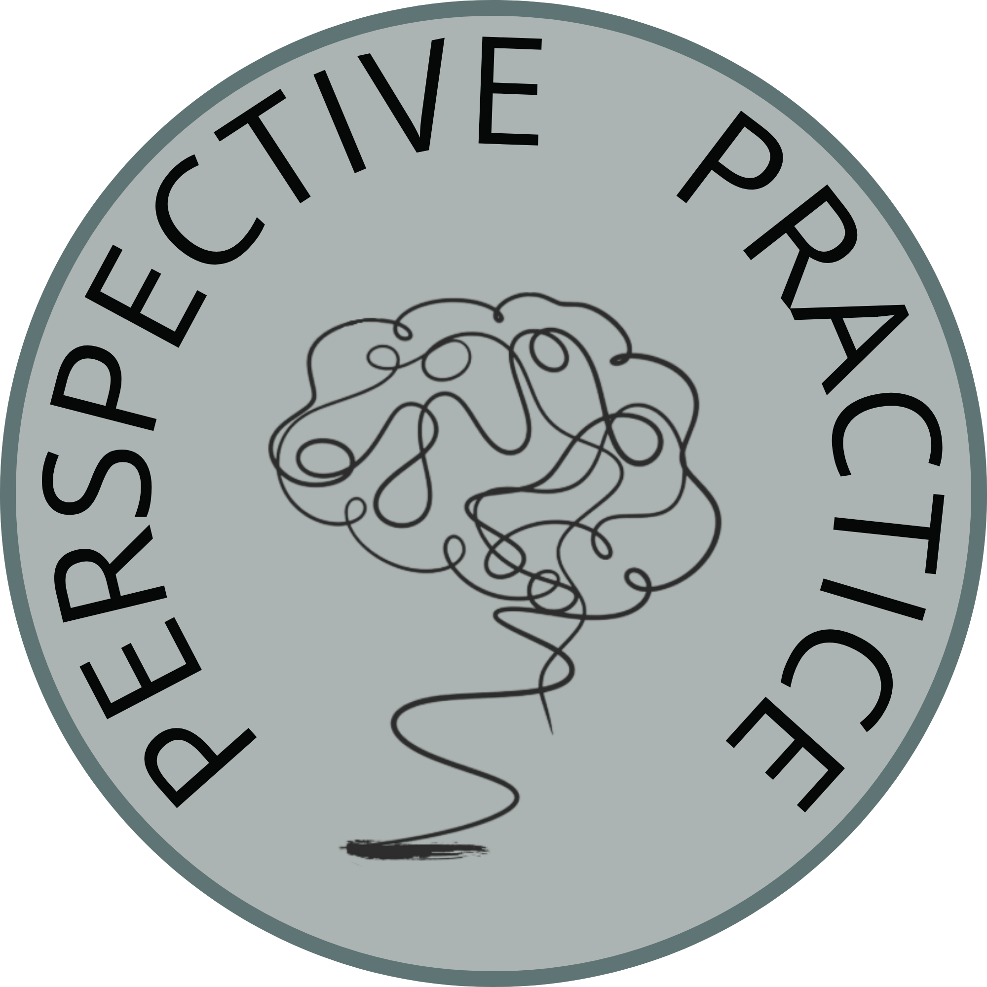 A circular badge with a gray background featuring a tangled black line drawing of a brain in the center. The text 'PERSPective PRACtice' encircles the brain in black uppercase letters.