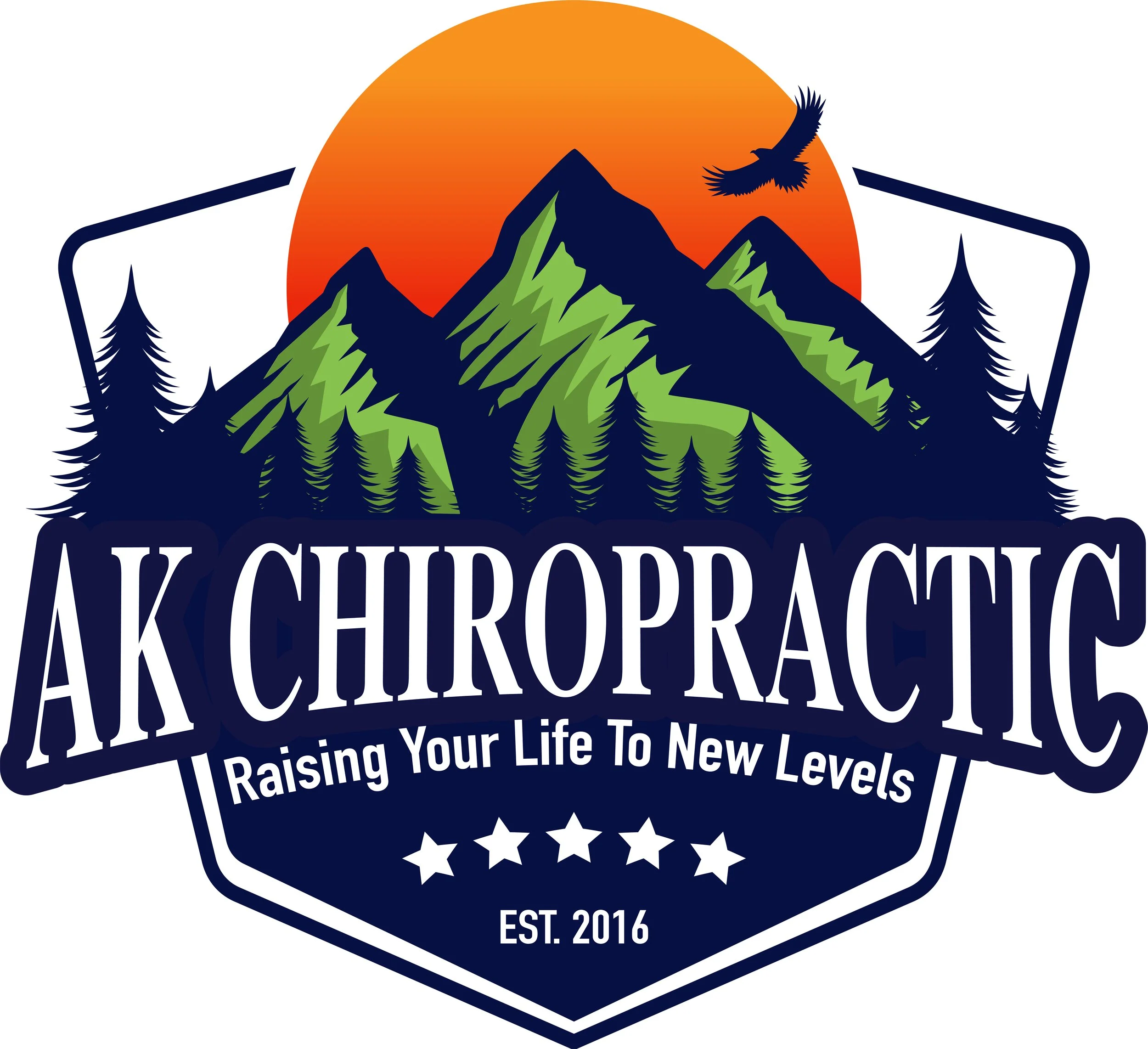 Logo for AK Chiropractic featuring mountains, a setting sun, pine trees, and an eagle, with the text "AK Chiropractic" and the slogan "Raising Your Life To New Levels," established in 2016.