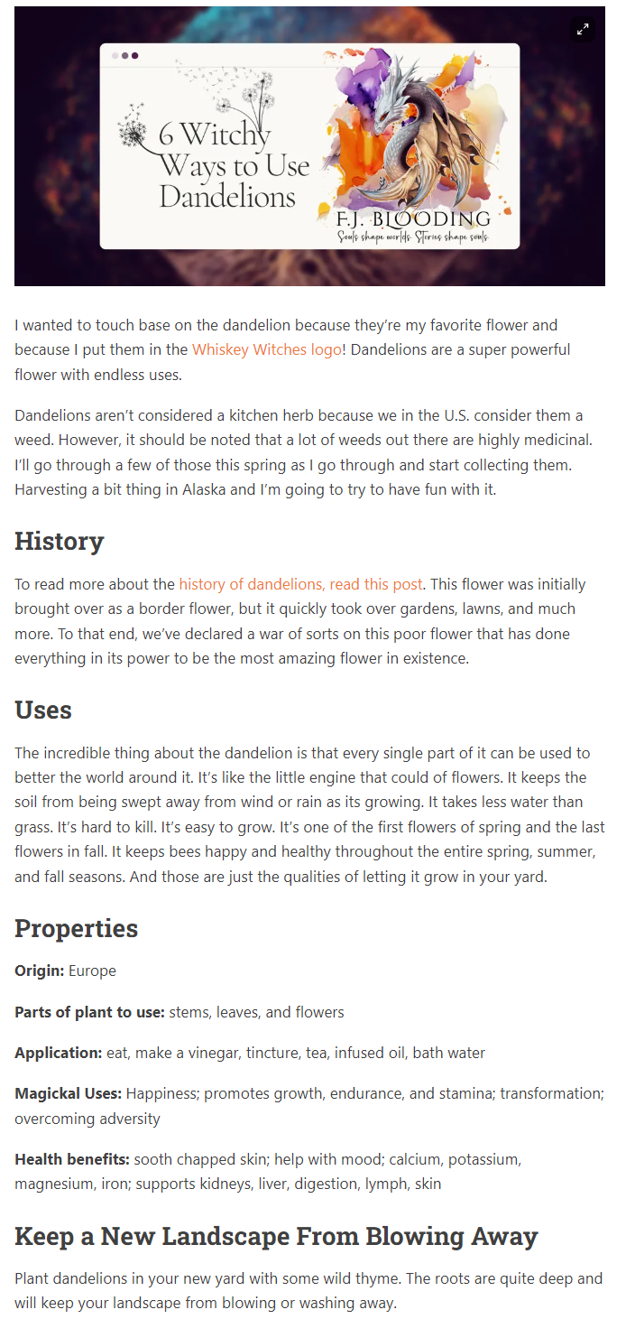 Screenshot of attraction content marketing blog post about the 6 witchy way to use dandelions which F.J. Blooding uses to attract readers to her witchy fiction.