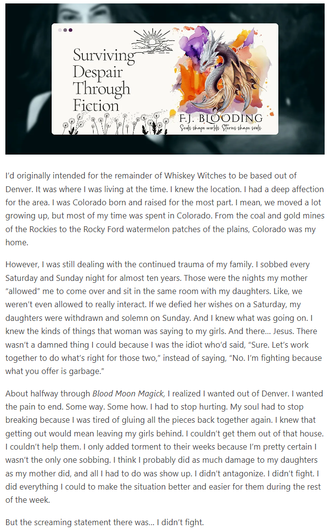 Example of affinity content where F.J. Blooding shares her experience of surviving despair through writing and reading fiction.