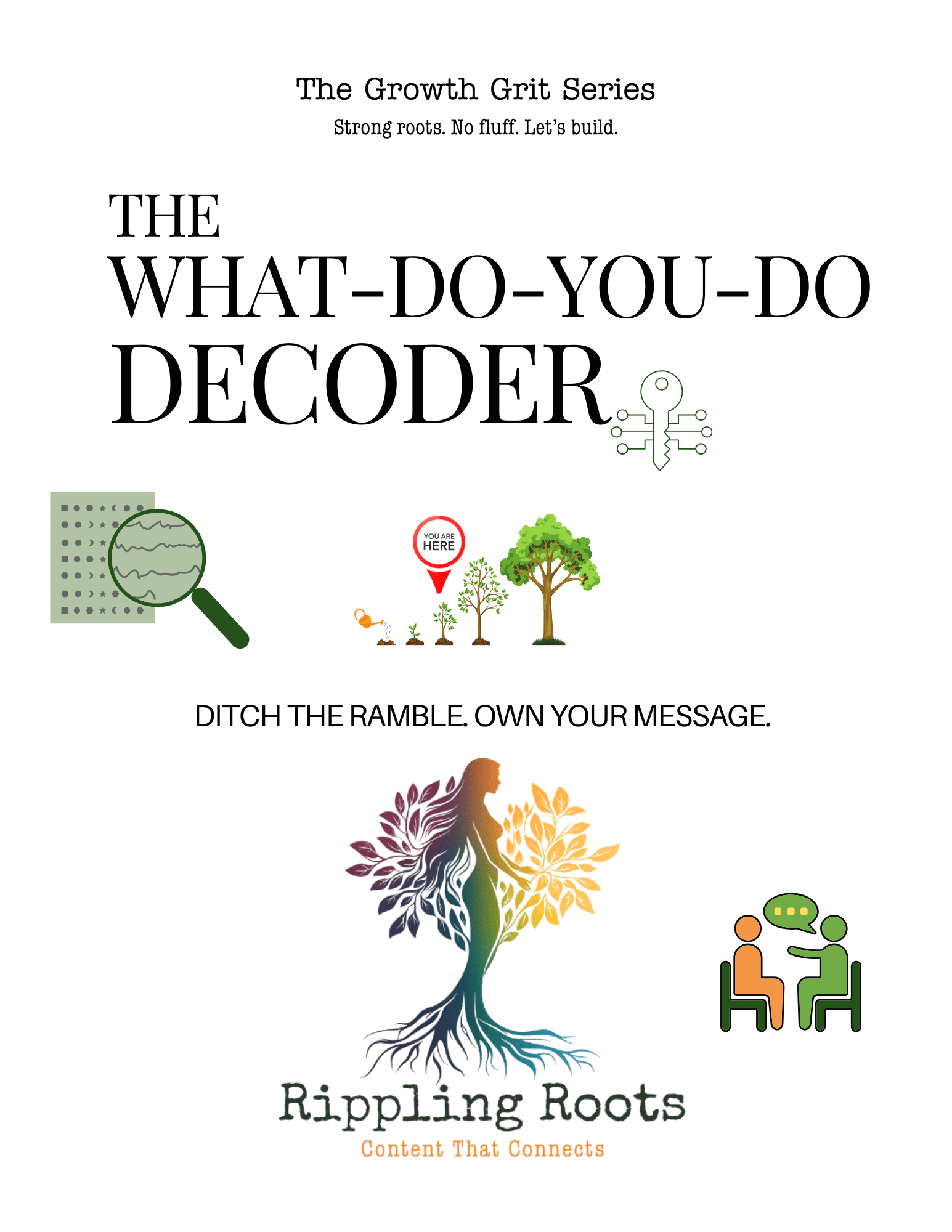Cover page of a book titled 'The What-Do-You-Do Decoder' with the subtitle 'Ditch the Ramble. Own Your Message.' It features illustrations of a magnifying glass, a plant with a 'You Are Here' sign, a tree, a woman with roots and leaves, and a person sitting and talking to another.