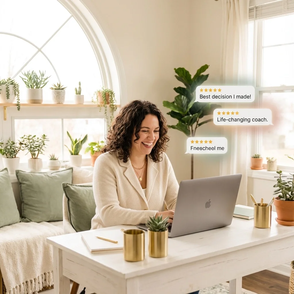 female business owner smiling at her 5-star reviews