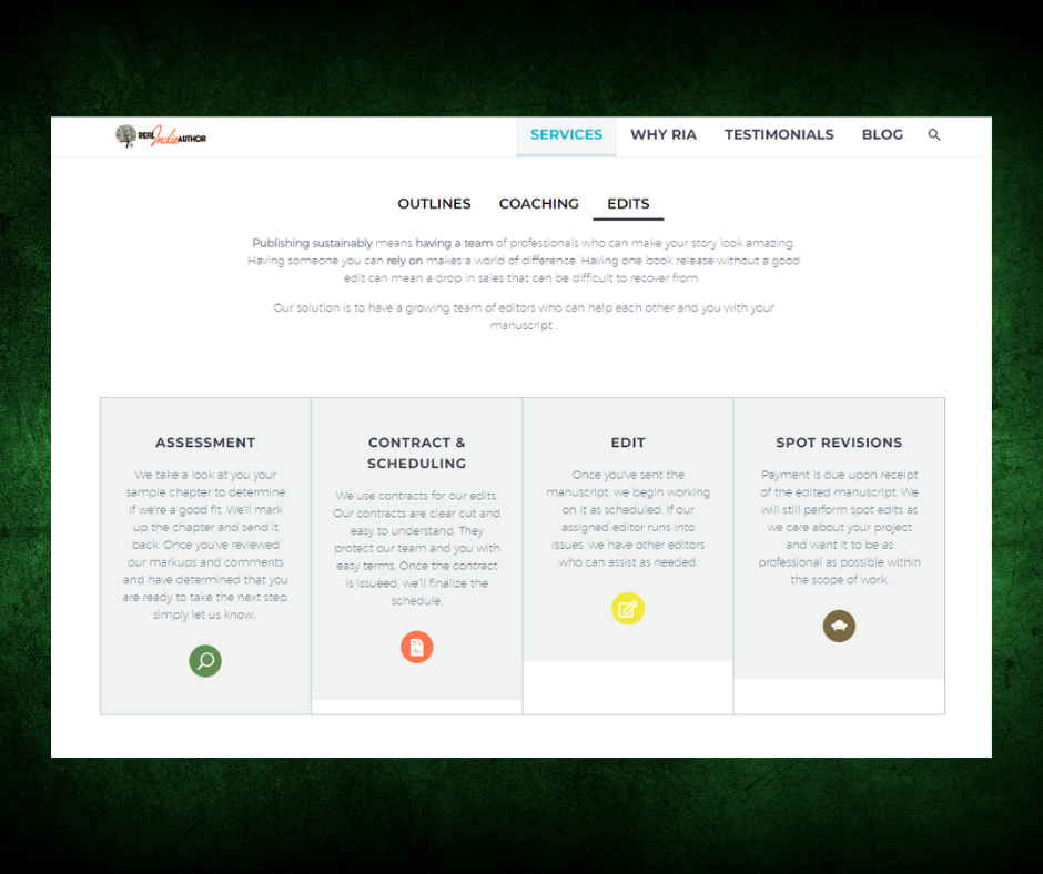 Screenshot of a website's services page for a book editing business, featuring sections on assessment, contract and scheduling, editing, and spot revisions, with a green textured background.