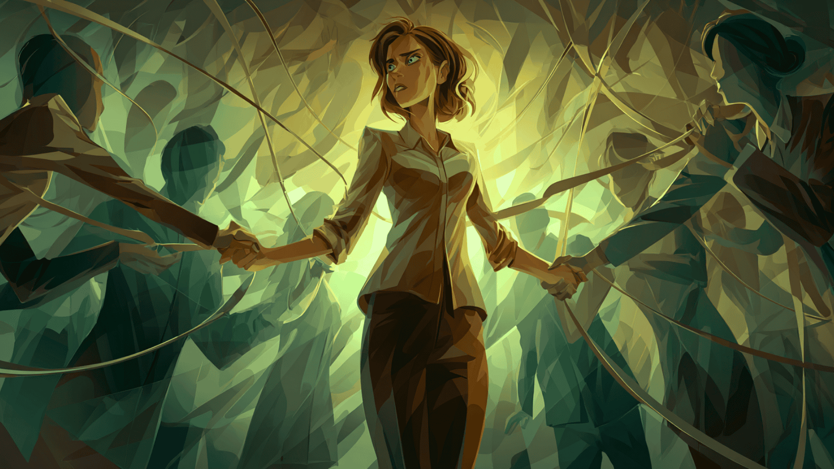 business owner wearing pants standing in the center, being pulled in multiple directions by ropes held by faceless silhouettes representing demanding clients. The woman looks exhausted but defiant