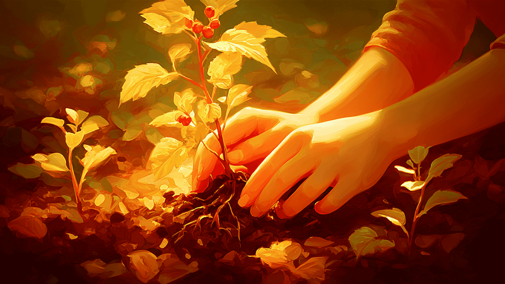 Close-up of female hands gently planting a small tree sapling in rich, dark soil. The roots are visible and healthy, energizing orange color.
