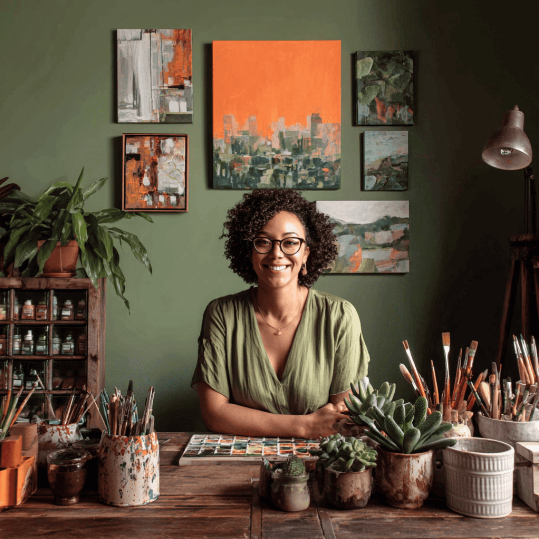 creative small business owner smiling at camera with artwork behind her